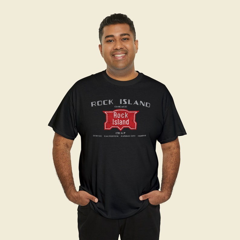 Happy man in his early 30's wearing Black Chicago, Rock Island & Pacific Railroad train t-shirt