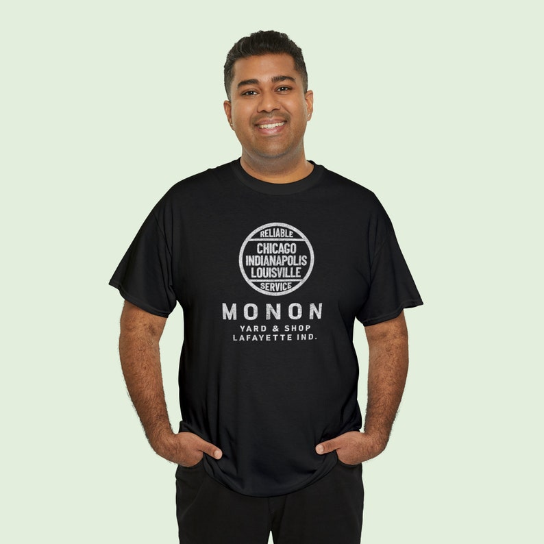Man happily wearing Black Monon Railroad t-shirt