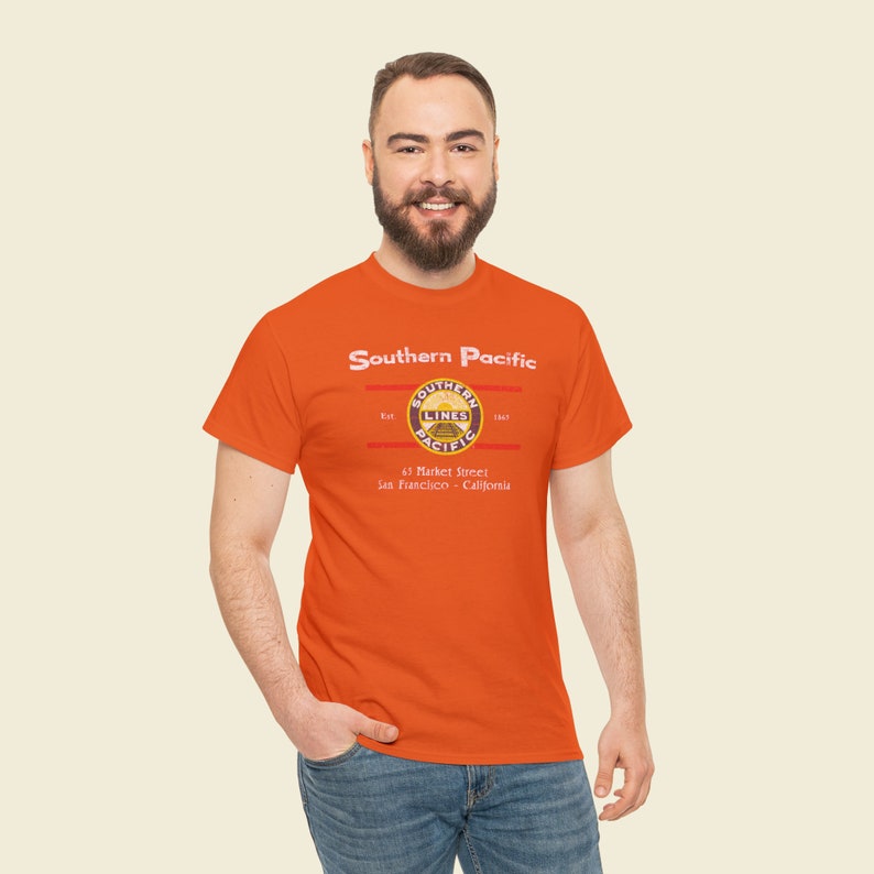 Man in his 20's wearing Orange Southern Pacific Railway Daylight train t-shirt