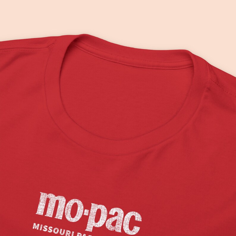 Closeup of front t-shirt collar neck ring on red MoPac railroad t-shirt