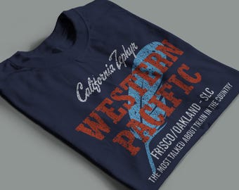 Western Pacific Railroad T-Shirt | WP California Zephyr Train Lover Gift with Retro Logo | Railroad Memorabilia | Navy | Standard Fit
