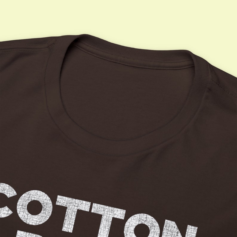 Closeup of brown Cotton Belt t-shirt collar, a vintage railroad fashion statement