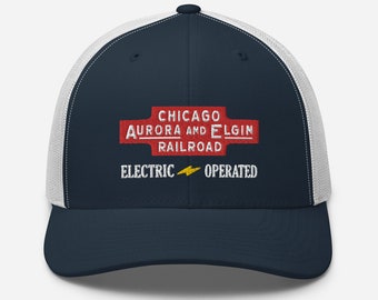 Chicago Aurora & Elgin Railroad hat | embroidered CAE vintage trucker cap, retro logo railway memorabilia | Blue/White | OSFM