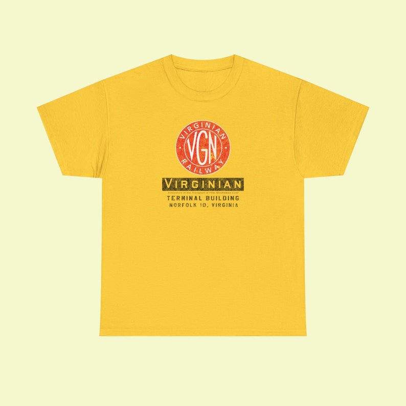 Straight-on image of a simple Gold Virginian Railway t-shirt, perfect for train enthusiasts