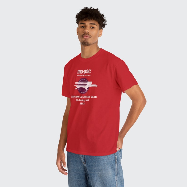 Cool young man wearing red MoPac railroad t-shirt, looking at you.