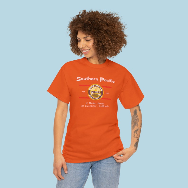 Happy woman wearing Orange Southern Pacific Railway train t-shirt