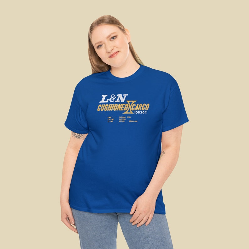 Young woman in her 20's posing, wearing Royal Blue Louisville and Nashville Railroad T-Shirt