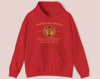 Norfolk & Western Railway Hoodie | NW Train Hooded Sweatshirt and Gift for Railfans | Vintage Railroad Apparel | Red | Standard Fit