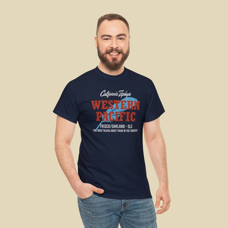 Cool man in his 20's wearing Navy Western Pacific Railroad t-shirt, looking at you