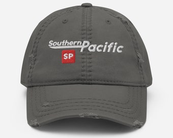 Southern Pacific Railroad Train Hat - Embroidered Railway Memorabilia - Train Lover Vintage Railroad Distressed Dad Cap - SP - Gray | OSFM