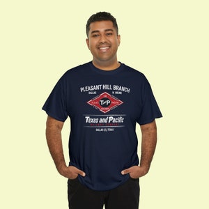 Happy man in his early 30's wearing Blue Texas and Pacific Railway train t-shirt