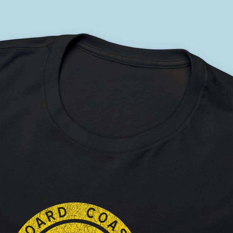 Closeup of Black Seaboard Coast Line Railroad shirt's front collar neck ring.