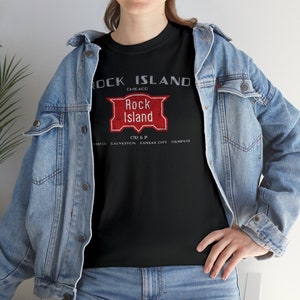 Woman wearing Black Chicago, Rock Island & Pacific Railroad train t-shirt with denim jacket