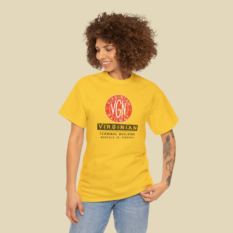 Happy young woman wearing the Gold Virginian Railway t-shirt, a great train lover gift