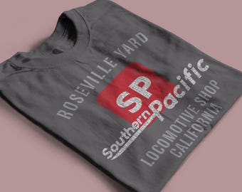Southern Pacific Railway T-Shirt | Vintage SP Roseville Yard Railroad T-Shirt for Railroad Enthusiasts and Railfans| Charcoal | Standard Fit