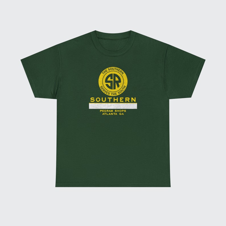 Green Southern Railway Pegram Shops t-shirt straight-on view, perfect train lover gift