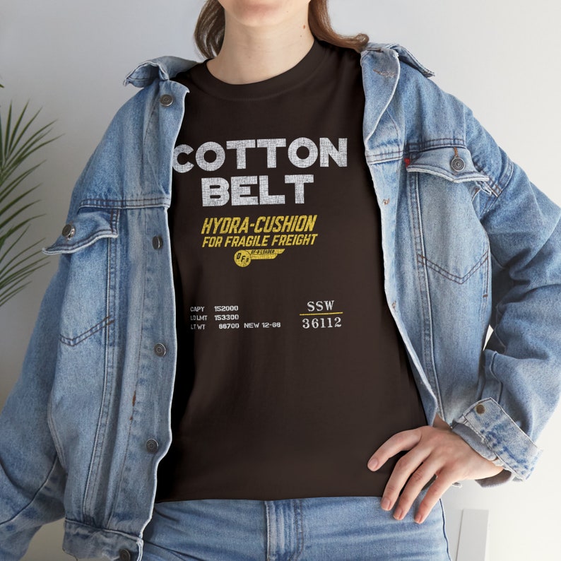 Woman in denim jacket over brown Cotton Belt shirt, a unique train collector gift