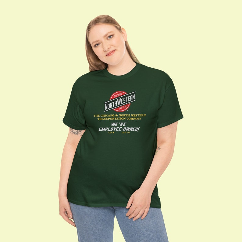 Stylish woman in her 20s poses in the CNW train t-shirt, a must-have railroad memorabilia