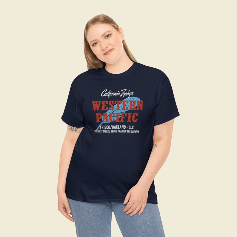 Stylish young woman in her 20's posing, wearing Navy Western Pacific Railroad t-shirt