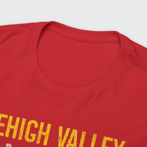 Closeup of Red Lehigh Railroad t-shirt's front collar neck ring