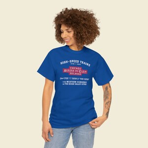 Happy woman wears the CAE train shirt, a perfect train enthusiast gift with a retro logo