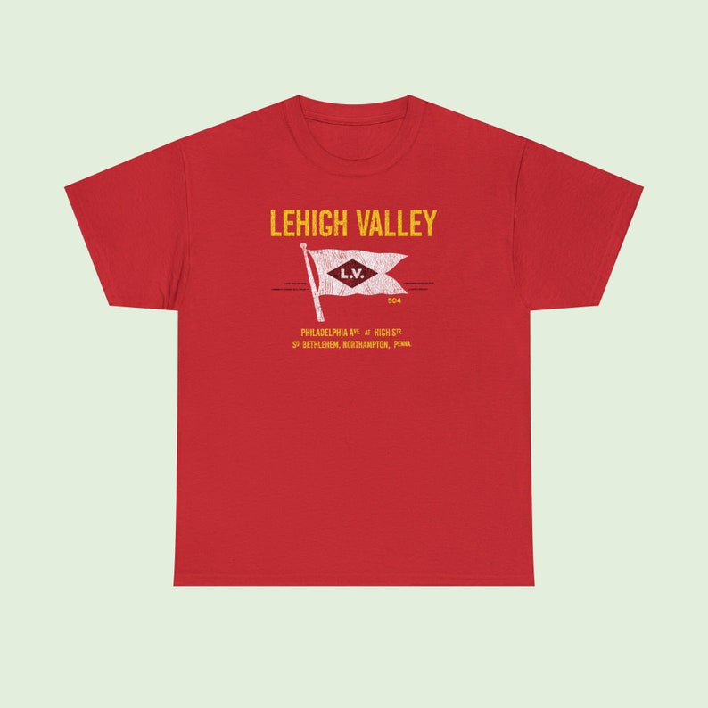Red Lehigh Railroad t-shirt from straight-on. Perfect for train enthusiasts