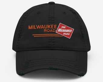 Milwaukee Road Train Hat - Embroidered Railway Memorabilia - Train Lover Vintage Railroad Distressed Dad Cap - MILW - Black | OSFM