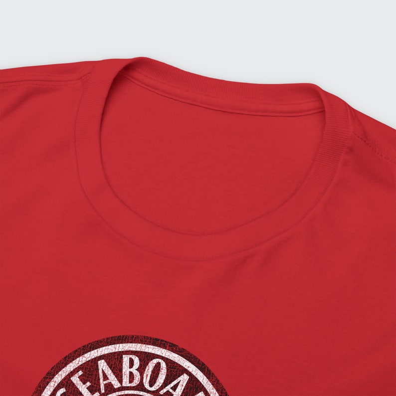 Closeup image of front t-shirt collar neck ring of Red Seaboard Air Line Railroad shirt