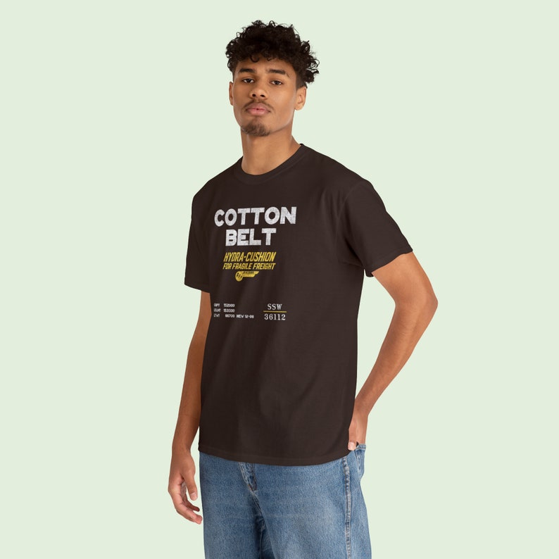 Cool man in brown Cotton Belt shirt, perfect for railroad memorabilia collectors