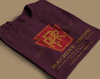 Pennsylvania Railroad T-Shirt | Vintage 'Juniata Shop' PRR Train Lover Gift & Stylish Railway Apparel | Olive/Maroon/Black | Standard Fit