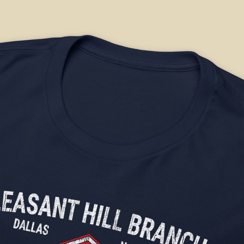 Closeup of front t-shirt collar neck ring on Blue Texas and Pacific Railway train t-shirt