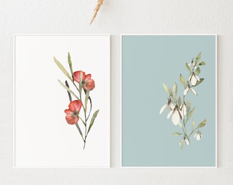 Floral Watercolor Wall Art Set, Botanical Prints (Digital Print)