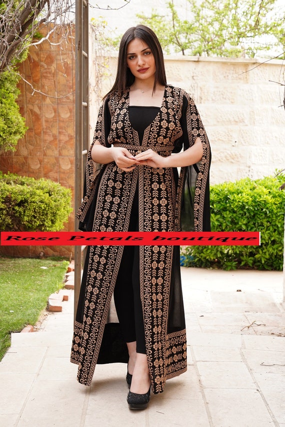 rosepetalsjo Abaya Thobe Thob Embroidered Palestinian Traditional Arabic Dress Cardigan