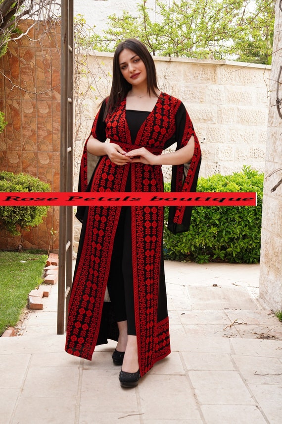 rosepetalsjo Abaya Thobe Thob Embroidered Palestinian Traditional Arabic Dress Cardigan