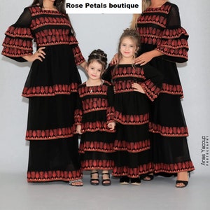 Gorgeous Ruffled Maxi Mother & Daughter Palestinian Black Dress Red Embroidery