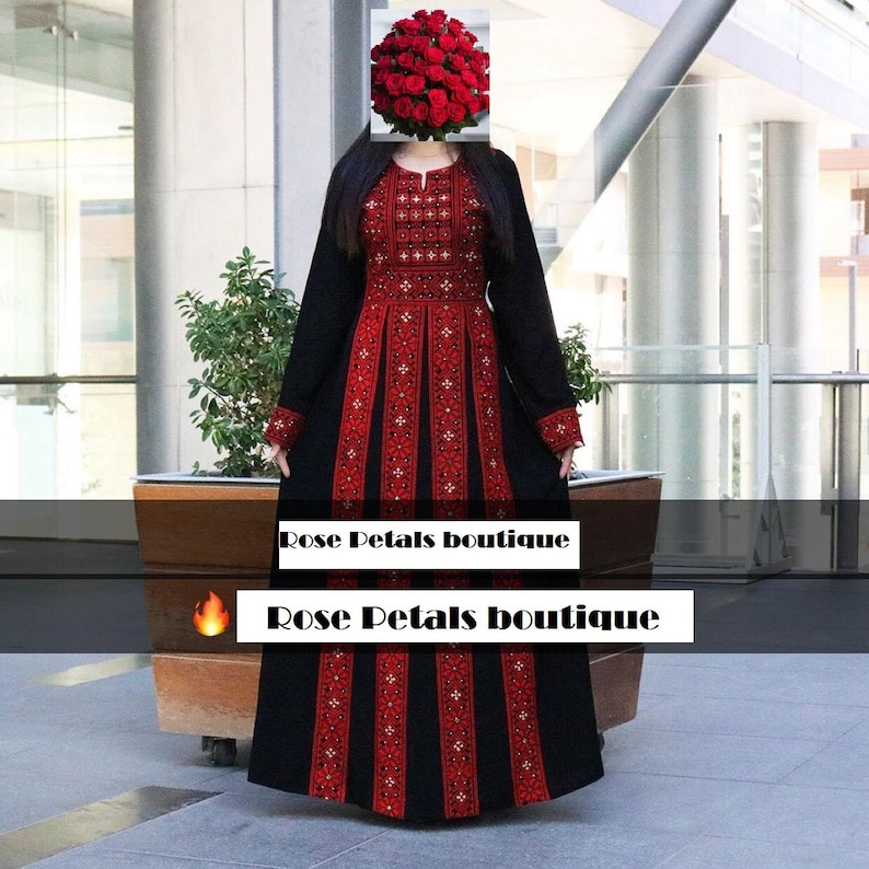 Thobe Embroidered Palestinian Maxi Dress Long Sleeves Kaftan Palestinian Design And Embroidery