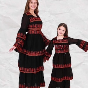 Pacote de vestido mãe e filha Thobe bordado palestino maxi vestido mangas compridas kaftan palestino design e bordado