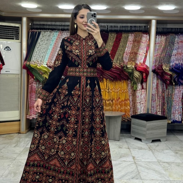 Prinses Thobe geborduurde Palestijnse maxi-jurk met lange mouwen Kaftan Palestijnse ontwerp en borduurwerk