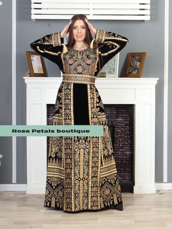 Velvet Black Gold Thobe Embroidered Palestinian Maxi Dress Long Sleeves Kaftan  Palestinian Design and Embroidery -  Sweden