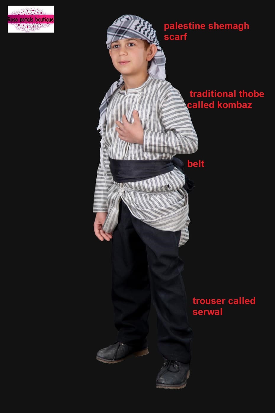 Palestine traditional kids dress thobe with serwal and shemagh