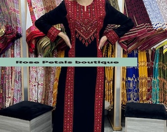 Robe longue brodée palestinienne/jordanienne Thobe Caftan à manches longues, motif et broderie palestiniens