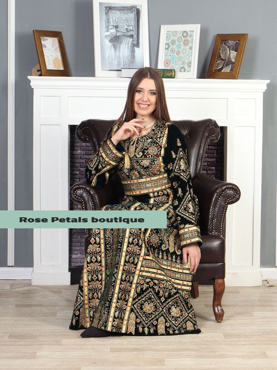 Velvet Black Gold Thobe Embroidered Palestinian Maxi Dress Long