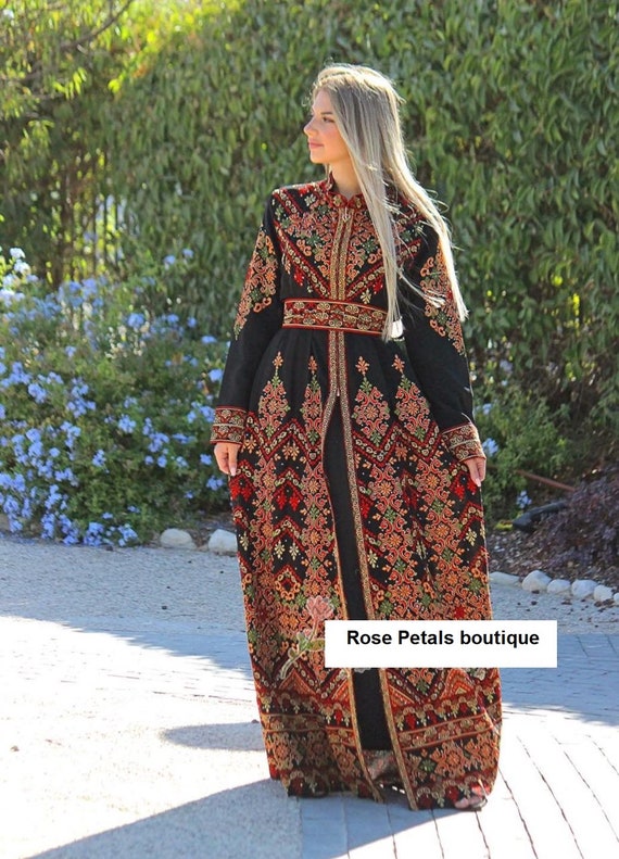 Princess Thobe Embroidered Palestinian Maxi Dress Long Sleeves Kaftan Palestinian Design And Embroidery