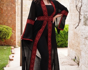 Abaya thobe Embroidered Palestinian Jordanian Traditional Arabic Dress Cape bisht with internal Dress