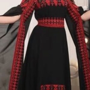 Palestinian Embroidered Butterfly Sleeves Thobe with Matching Tarha Shawl (Black and Red)