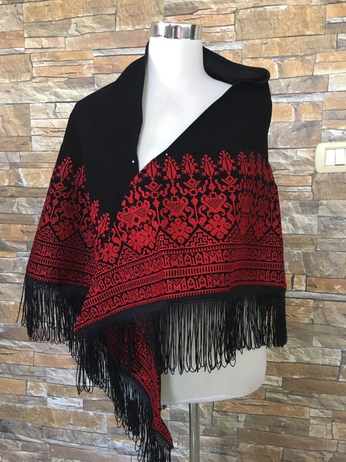 Black Shawl / poncho/ wrap with Red Palestinian Stitch / | Etsy