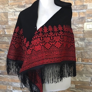 Black Shawl / poncho/ wrap with Red Palestinian Stitch / Embroidery