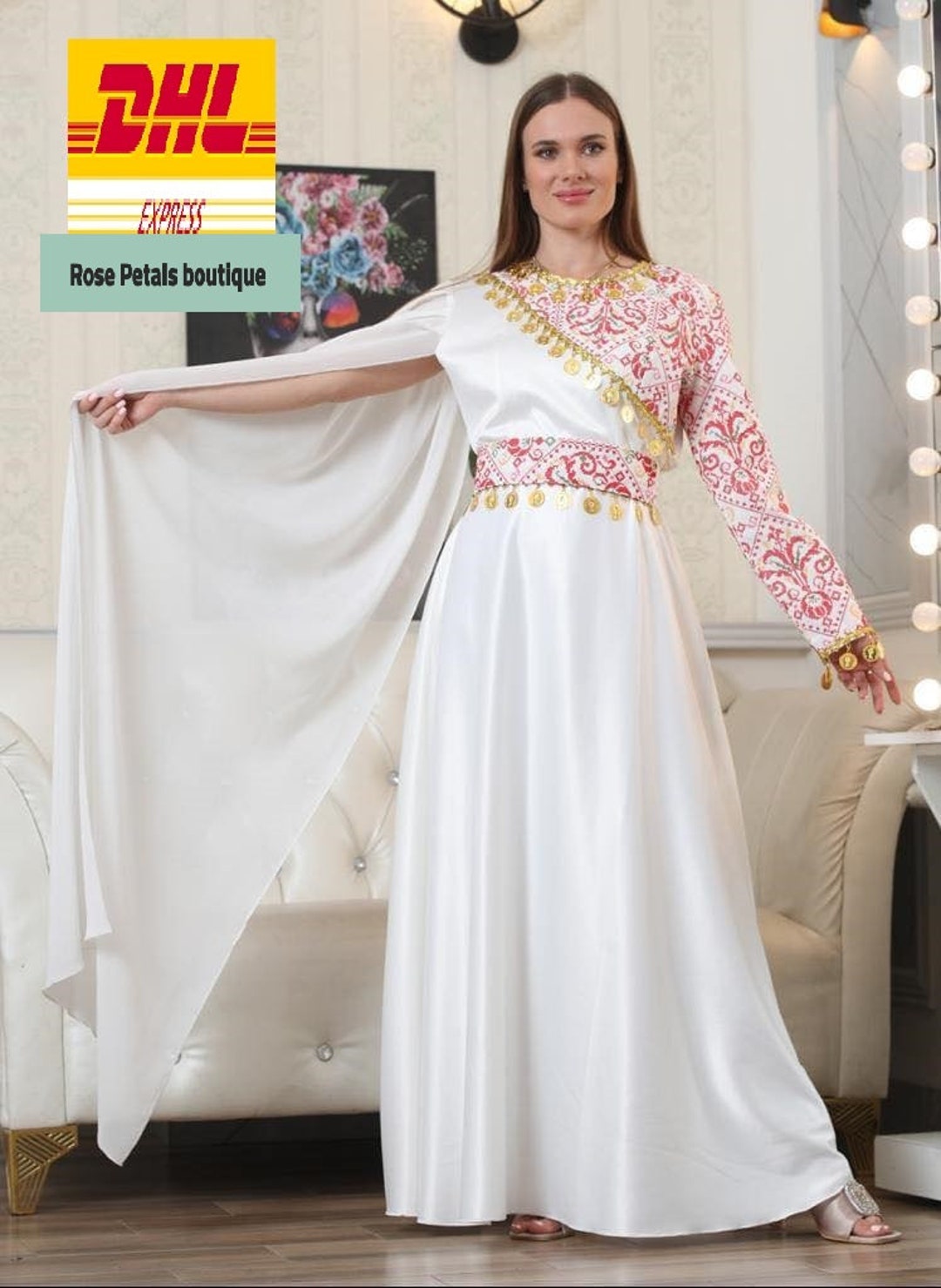 Zaytoon® Palestinian Traditional Keffiyeh Single Side Embroidered Womens Dress