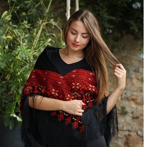 Black Shawl / poncho/ wrap with Red Palestinian Cross Stitch / Embroidery