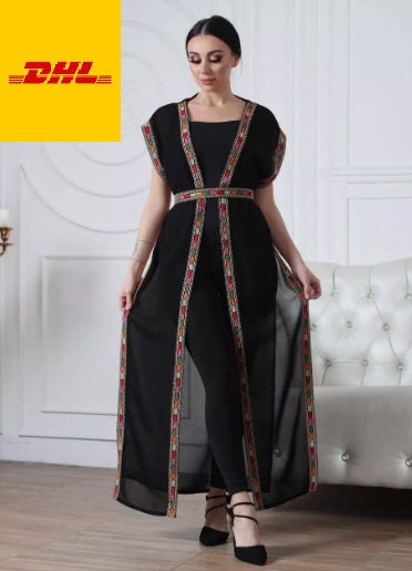 preto/tamanho único Abaya thobe bordado palestino jordaniano tradicional árabe vestido capa bisht com vestido interno